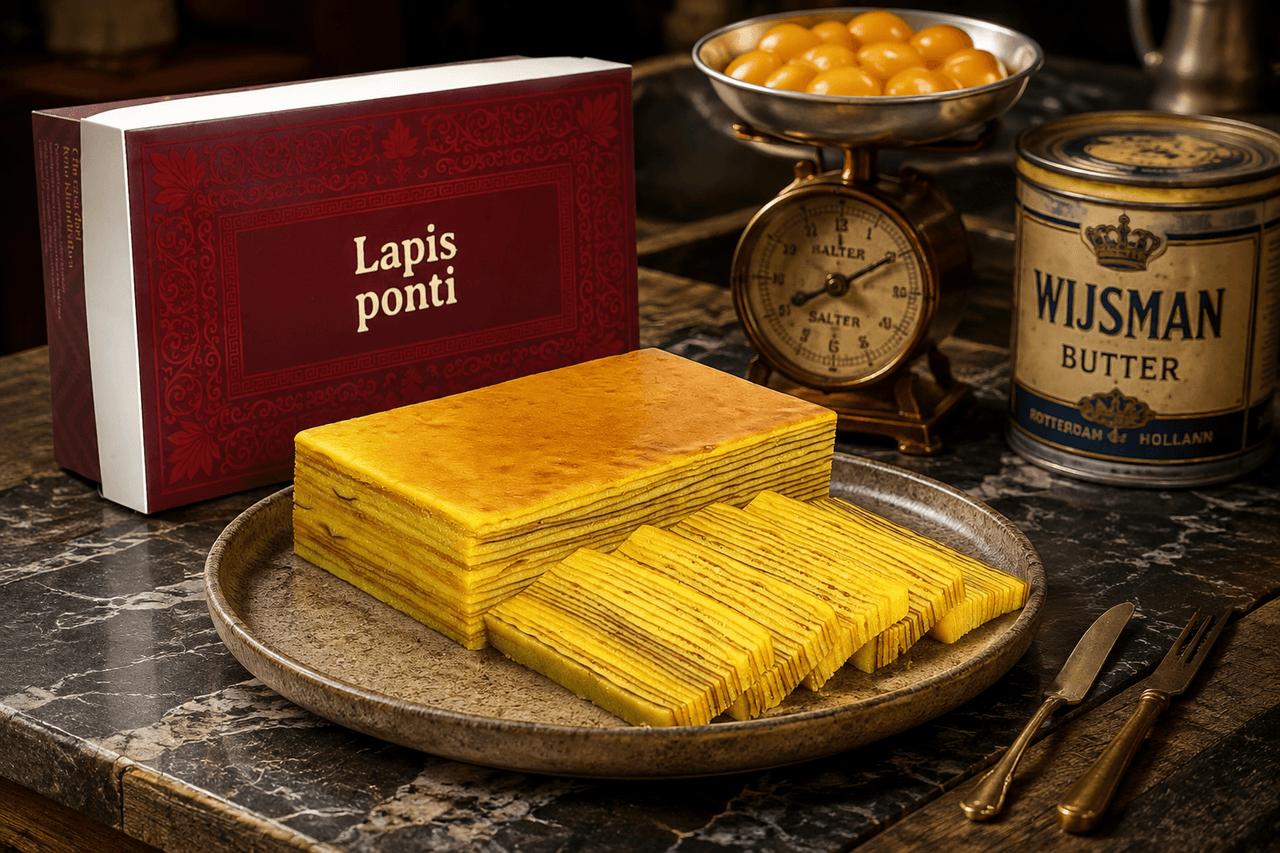 Kue lapis legit original premium LapisPonti dengan potongan 18 lapisan presisi keemasan dan kilau mentega Wijsman di atas piring keramik elegan